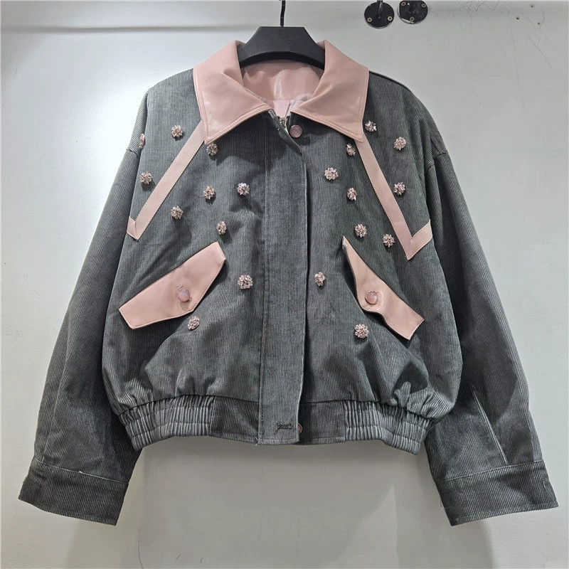 Leatherwork Flowers - Detailliert Verzierte Cordjacke in Grau, Grün