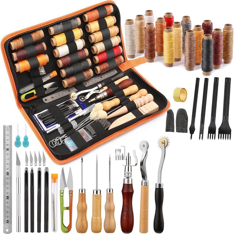 Leatherwork Beginner Tools - AB08-Lederbearbeitungs-Werkzeugset, 66-teilig, mit gewachstem Faden, Rillenformer,