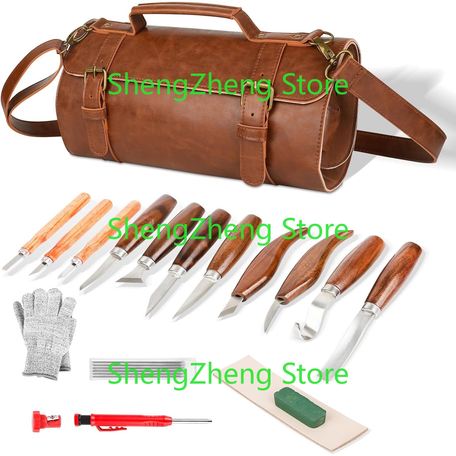 Leatherwork Beginner Tools - Holzschnitzwerkzeug-Sets-Set, Holzbearbeitungs-Schnitzmesser-Werkzeugset mit großem Lederetui für
