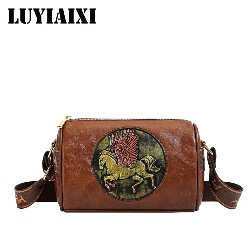 Leatherwork Flowers - Retro-Schultertasche aus geprägtem Blumenleder, klassische zylindrische