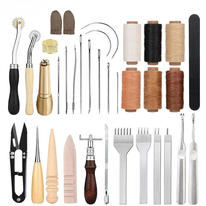 Leatherwork Beginner Tools - 25-teiliges Lederbearbeitungs-Werkzeugset für Anfänger, DIY-Lederhandwerksset mit