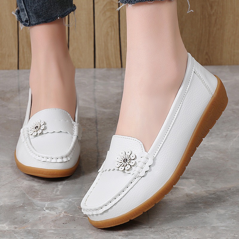 Leatherwork Flowers - Damen-Mokassins, einfarbig, Leder, Blumenmuster, flache Slip-on-Loafer,